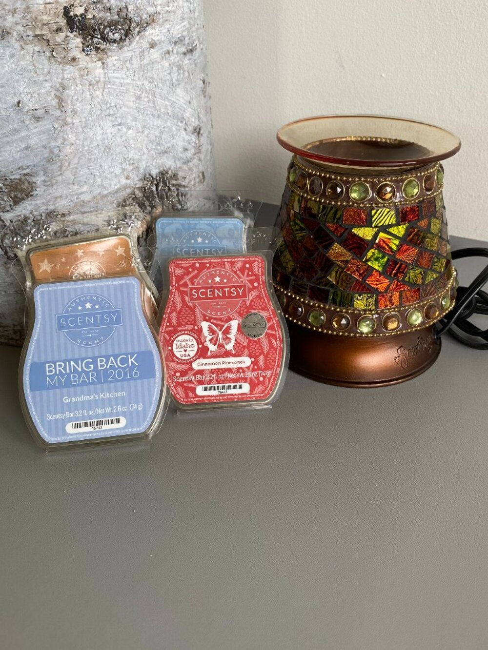 Scentsy Mended Mosaic Wax Melt Warmer Retired Amber Brown Green + Free Gifts
